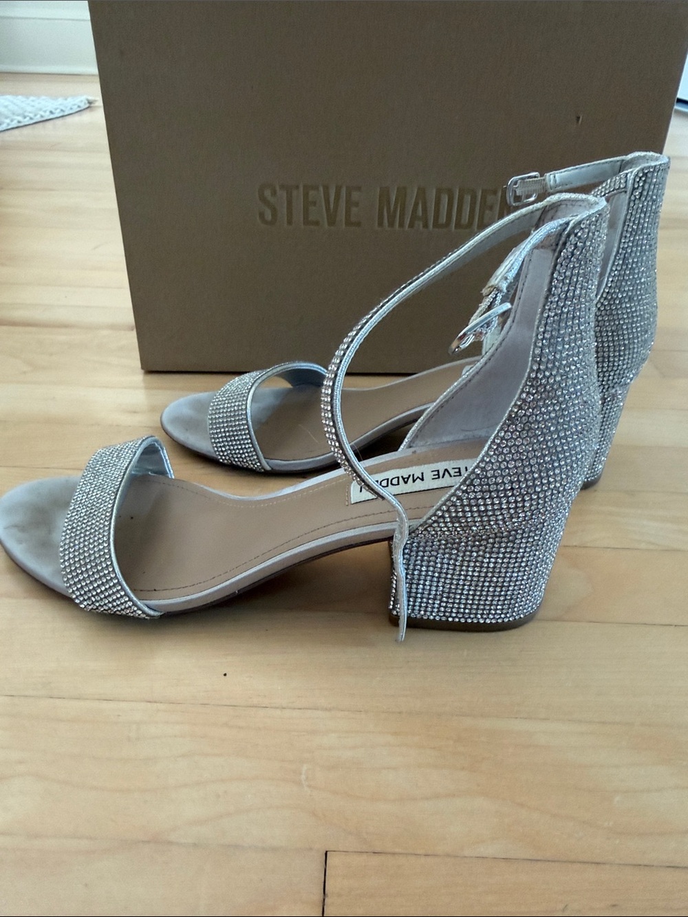 Steve Madden Silver Rhinestone Open-Toe Block Heels - Picture 7 of 7